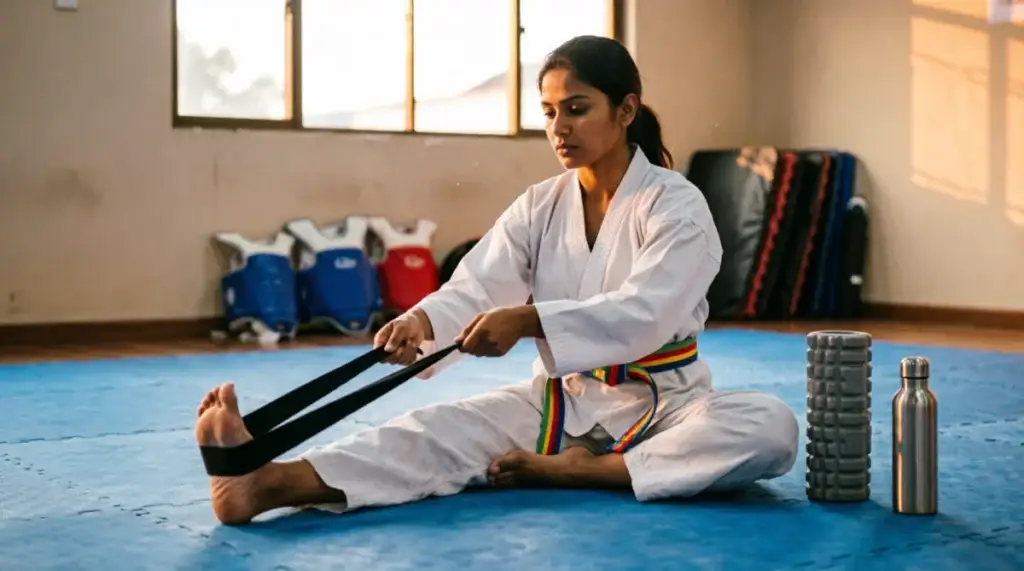 A woman in a white martial arts uniform stretches with a resistance band on a blue mat.