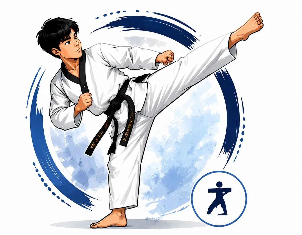 Young martial artist performing high kick in white uniform