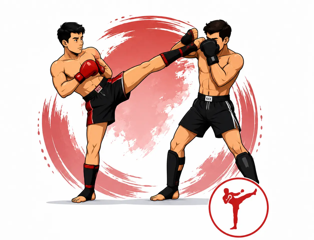 Two men practicing martial arts with one executing a high kick