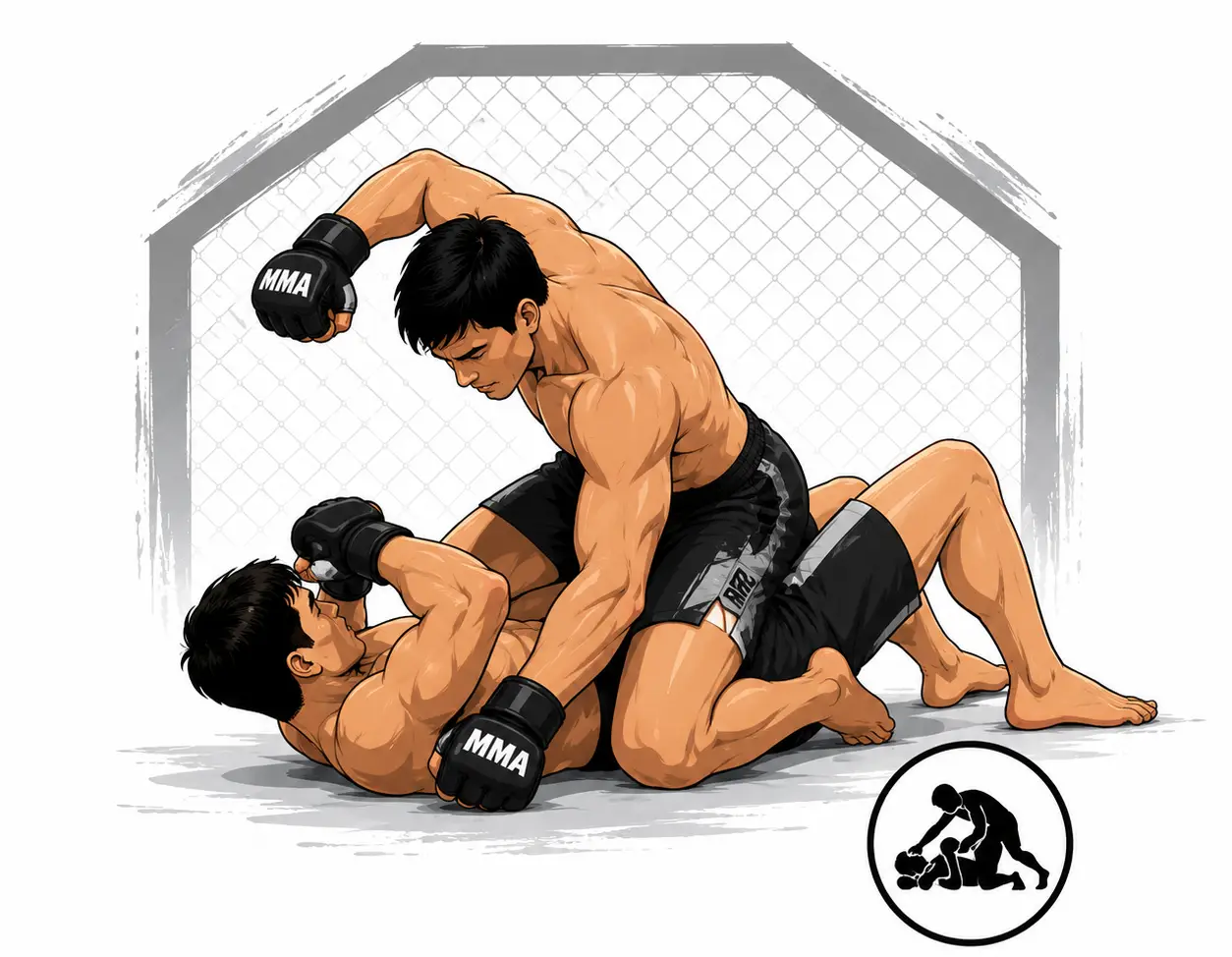 Two fighters in an MMA match inside a cage