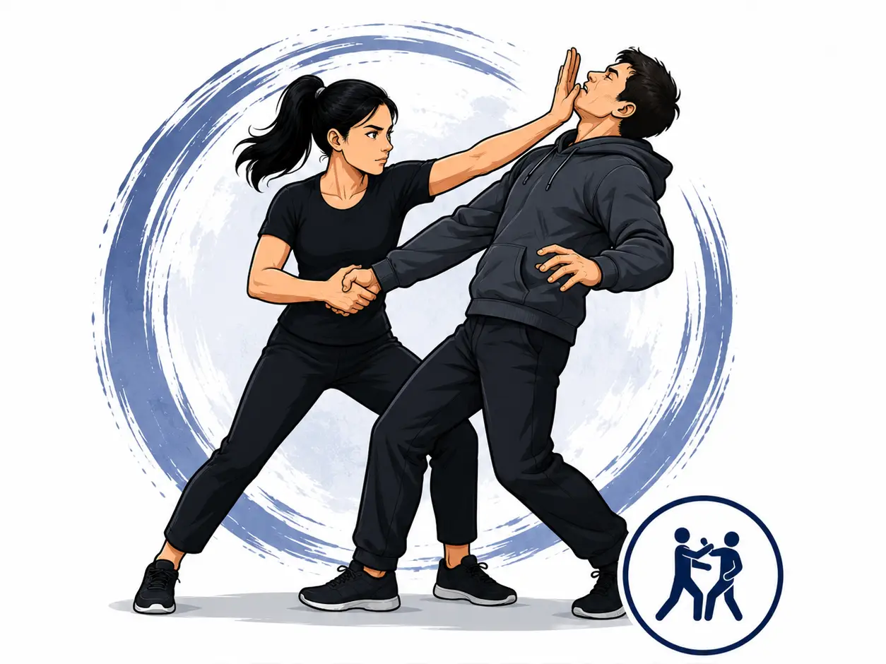 Woman demonstrating martial arts technique on man in fitness studio