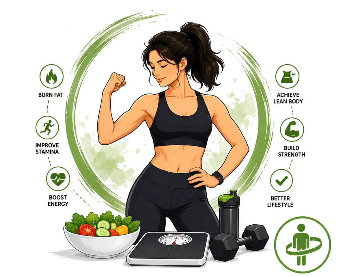 Illustration of a woman in fitness attire with workout equipment and healthy food