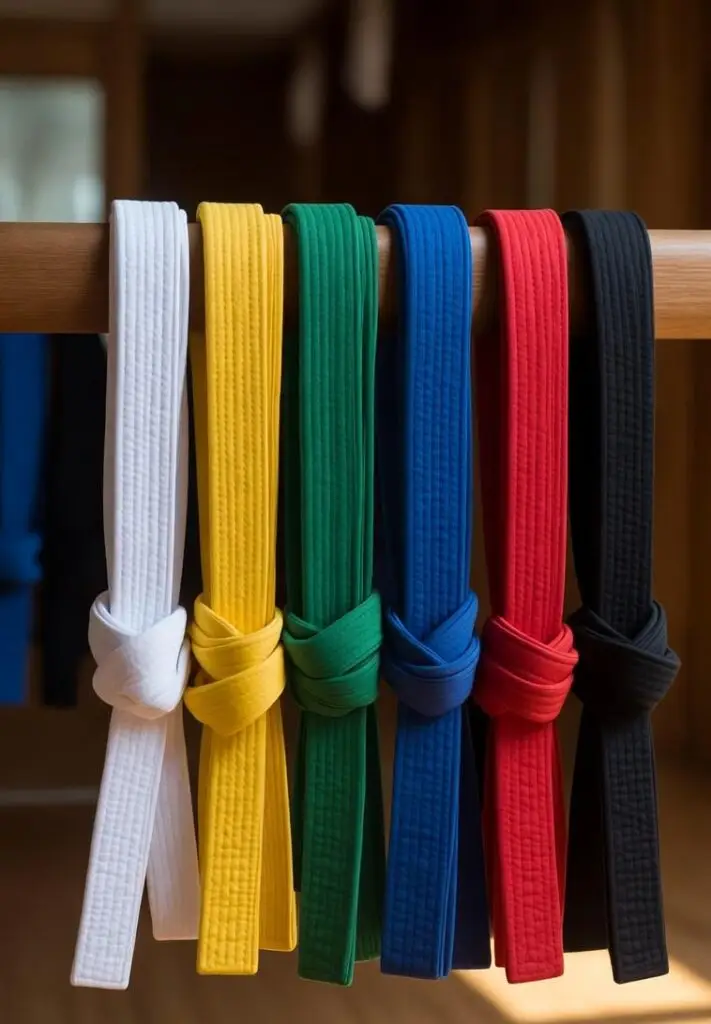 Colorful martial arts belts hanging on a wooden rack