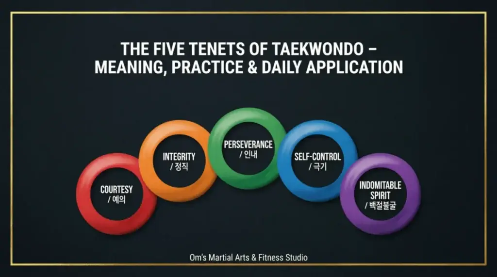 Five Tenets of Taekwondo: Courtesy, Integrity, Perseverance, Self-Control, Indomitable Spirit