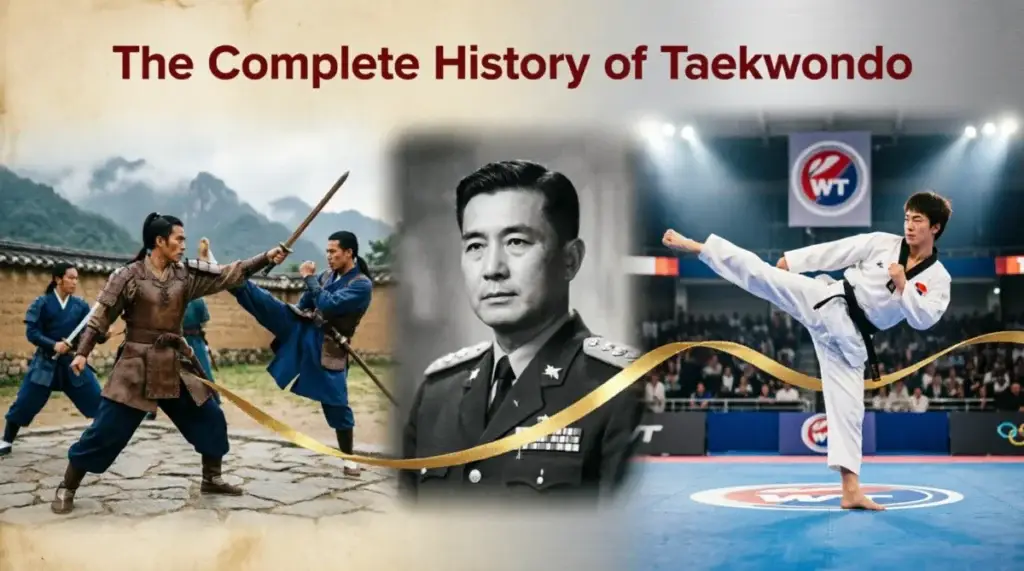 Collage showing the history of Taekwondo: ancient martial arts, General Choi Hong Hi, and a modern Taekwondo athlete performing a kick.