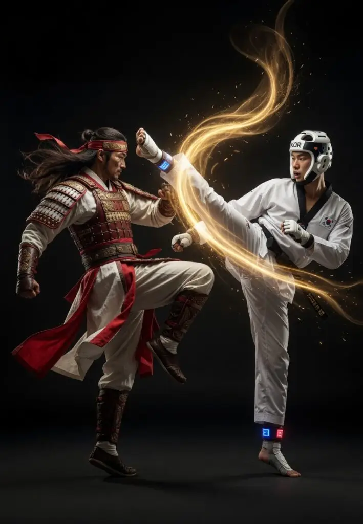 Two martial artists in combat poses with glowing energy effects