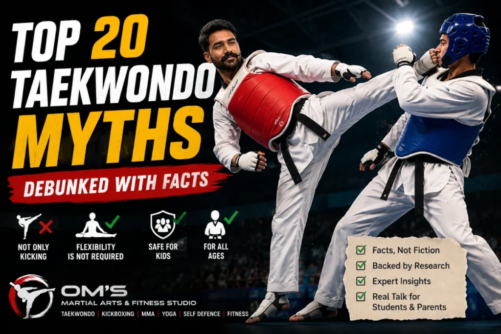 Two taekwondo practitioners demonstrating kicks and blocks in protective gear