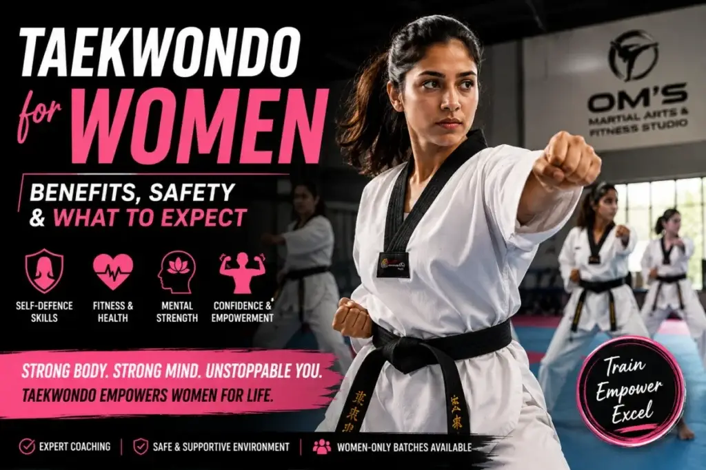 Woman in taekwondo uniform demonstrating a punch