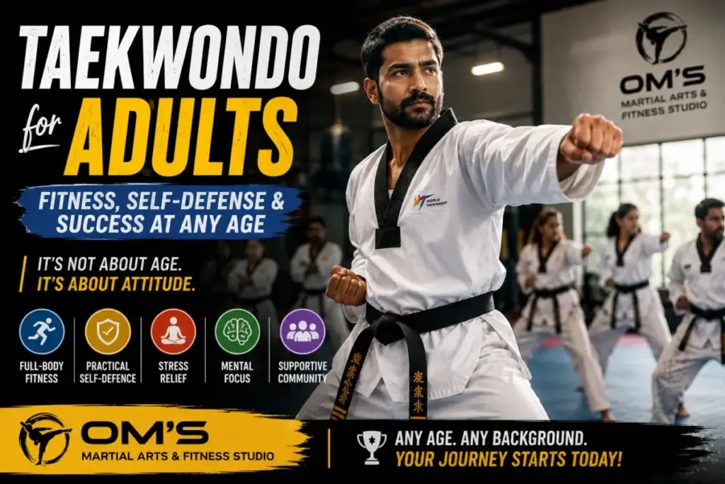 Adults practicing Taekwondo in a studio, focused on fitness and self-defense.