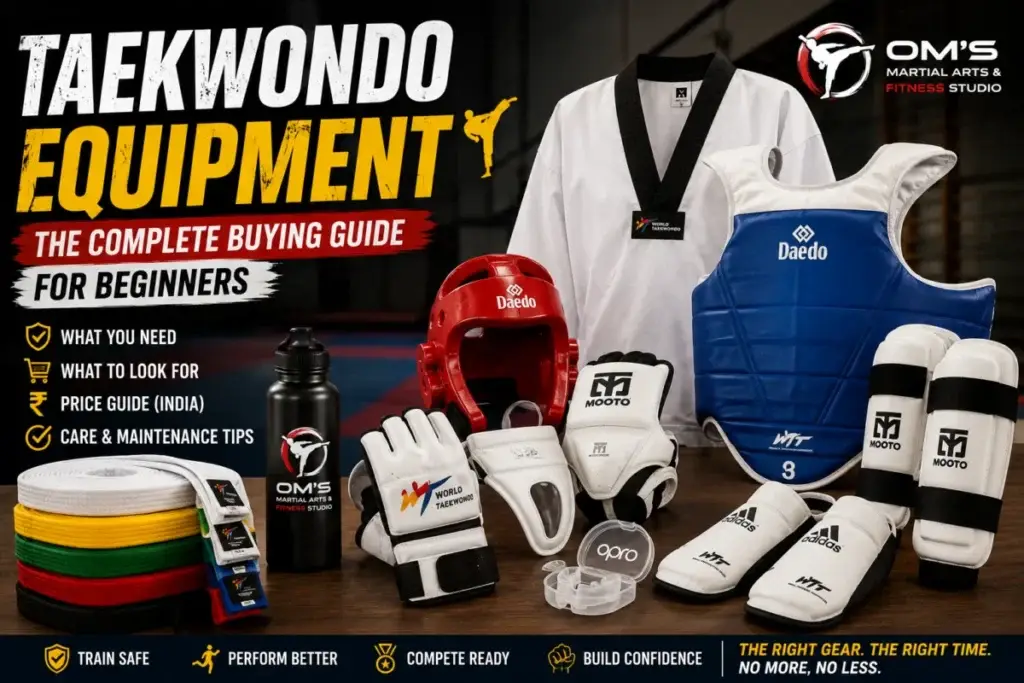Taekwondo gear including helmet, gloves, chest protector, and dobok displayed on a wooden table.